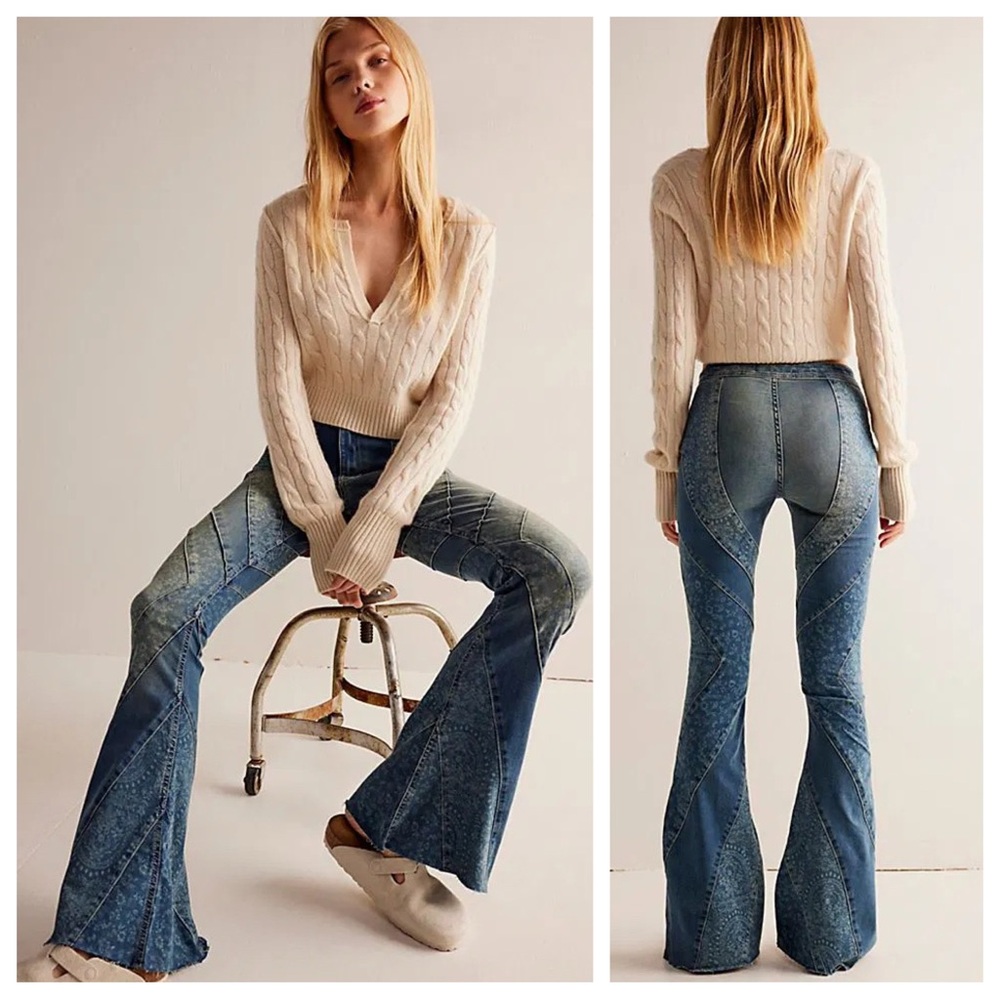 New Free People We The Free Mermaid Mid- Rise Flare Jeans in Low Tide